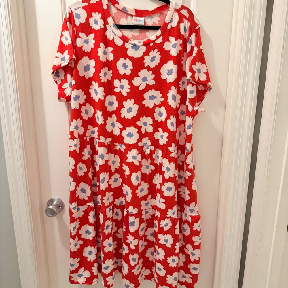LuLaRoe “Ariel” Red Midi Dress with White Floral Pattern